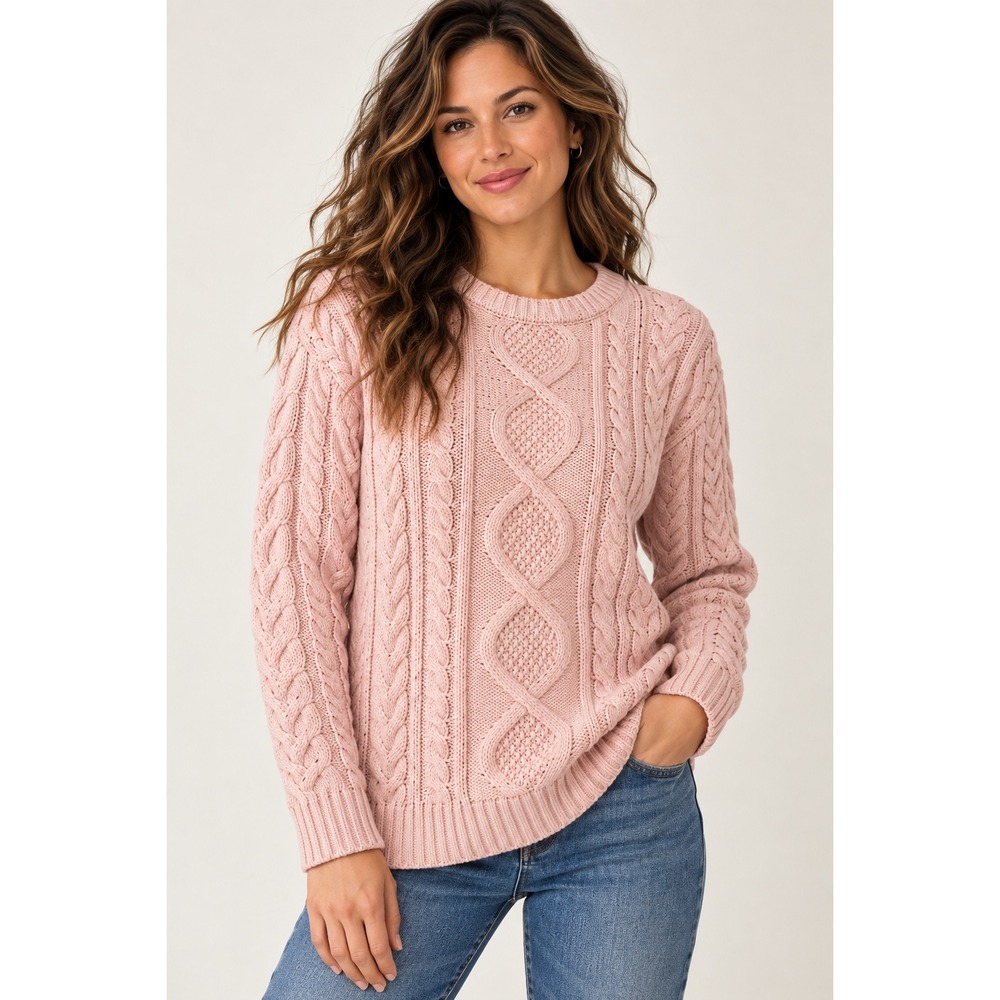 L.L. Bean Pink Organic Cotton Cable Knit Crew Neck Sweater Pullover Large